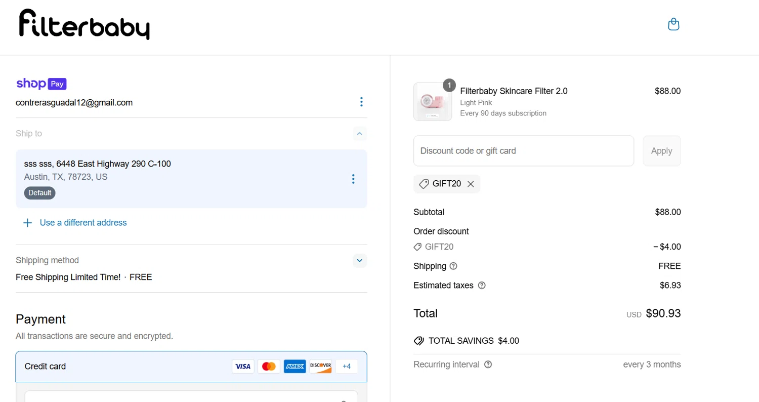 FilterBaby discount code screenshot showing code GIFT20 applied at FilterBaby checkout page. Uploaded by SimplyCodes community member EpicTiger3556 on Mar 19, 2025