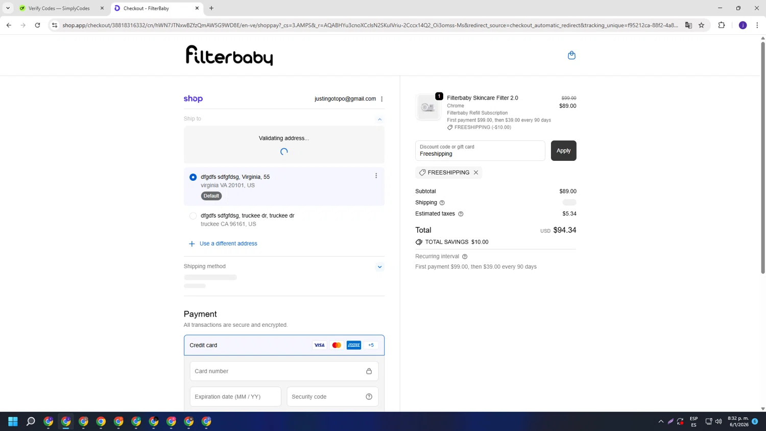 FilterBaby checkout page showing FilterBaby discount code box | Screenshot taken by SimplyCodes community member on Jan 7, 2026