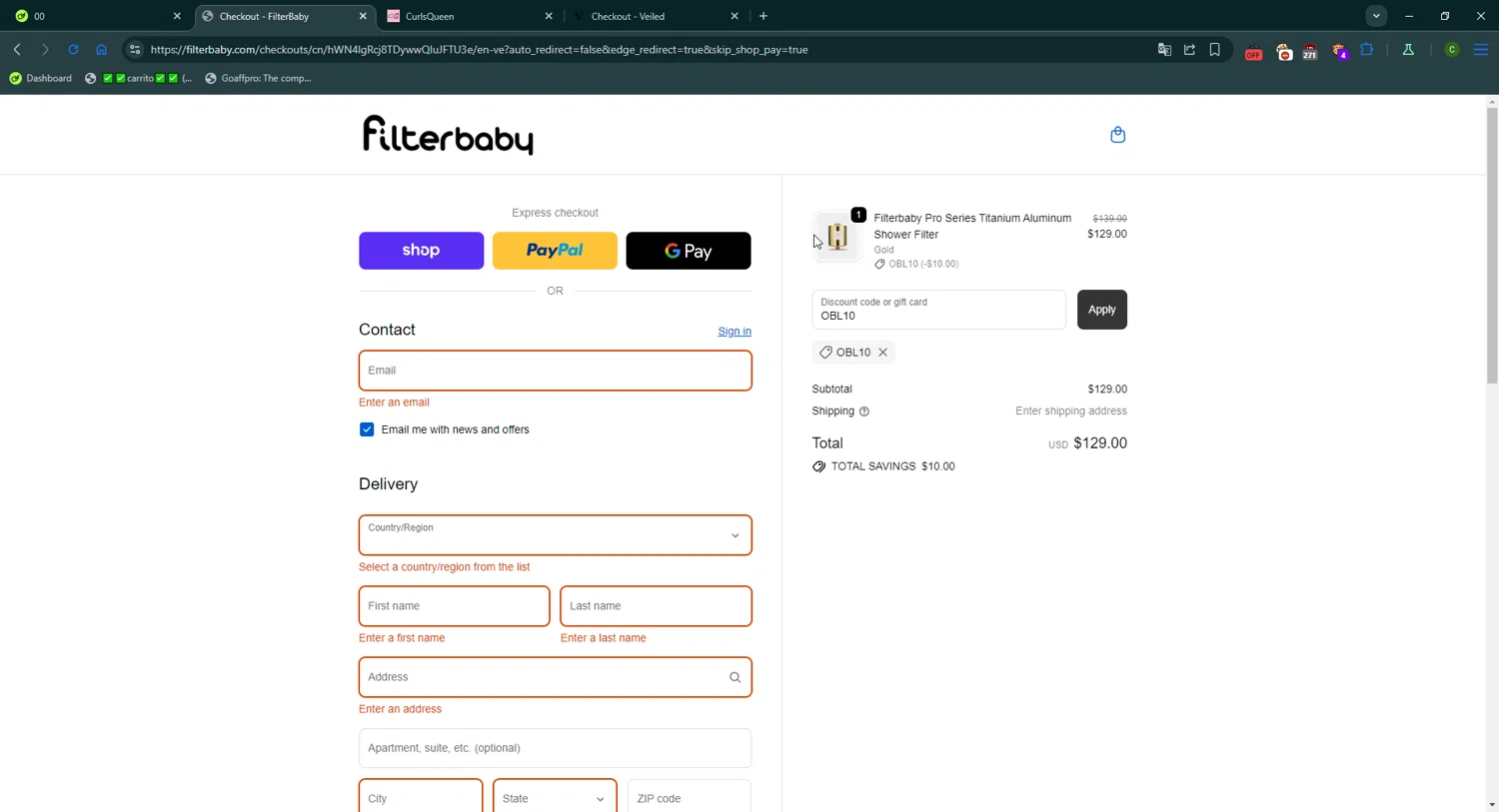 FilterBaby discount code screenshot showing code OBL10 applied at FilterBaby checkout page. Uploaded by SimplyCodes community member CrownGuardian9882 on Oct 31, 2025