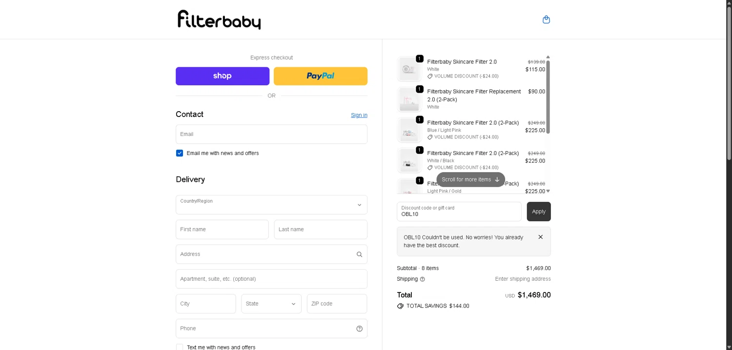 FilterBaby discount code screenshot showing code OBL10 applied at FilterBaby checkout page. Uploaded by SimplyCodes community member SwiftLynx7415 on Dec 4, 2025