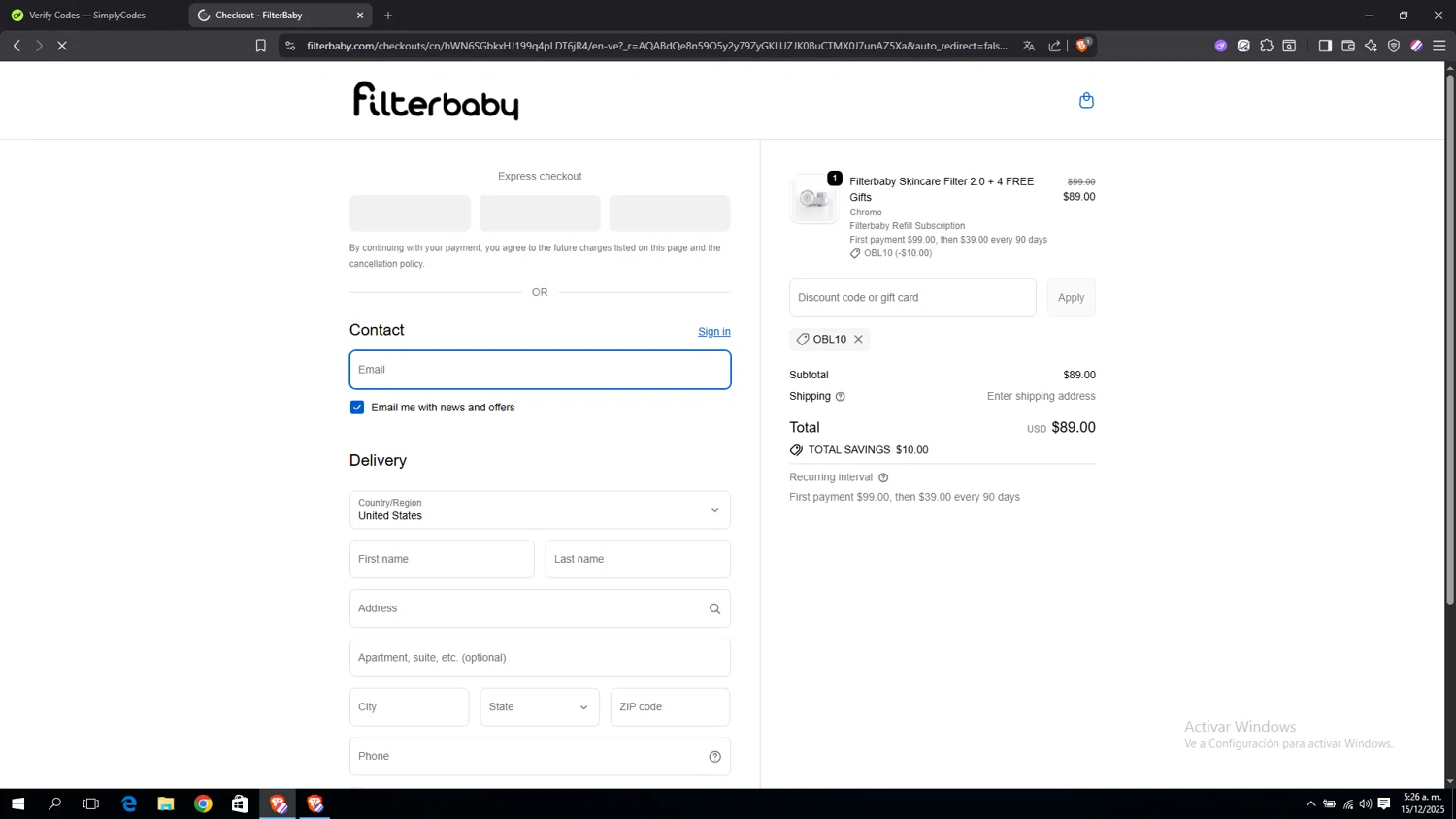 FilterBaby discount code screenshot showing code OBL10 applied at FilterBaby checkout page. Uploaded by SimplyCodes community member miguel02 on Dec 15, 2025