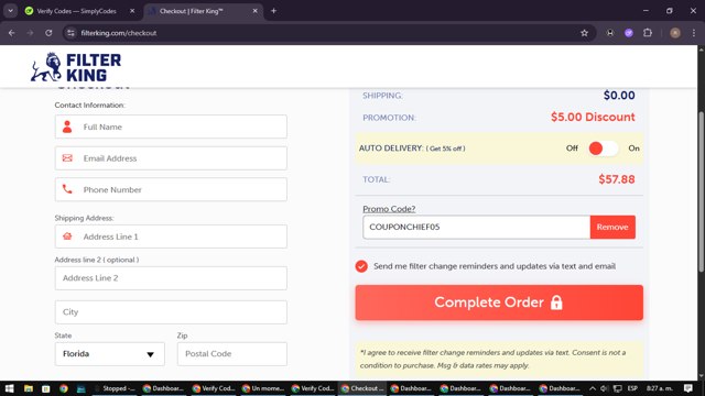 Filter King checkout page showing Filter King promo code box | Screenshot taken by SimplyCodes community member on Aug 31, 2025