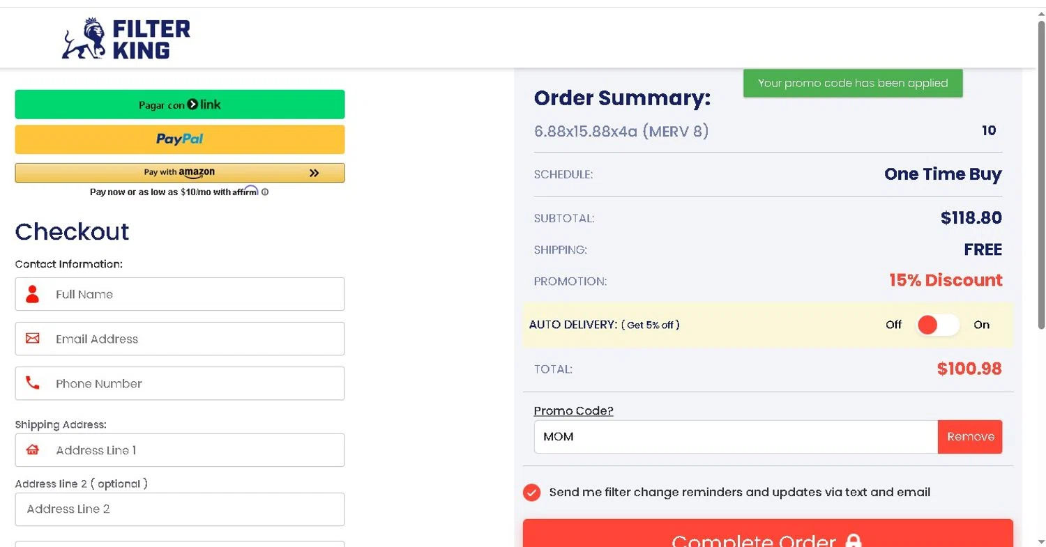 Filter King promo code screenshot showing code mom applied at Filter King checkout page. Uploaded by SimplyCodes community member LAMINEJAMAL on May 10, 2026