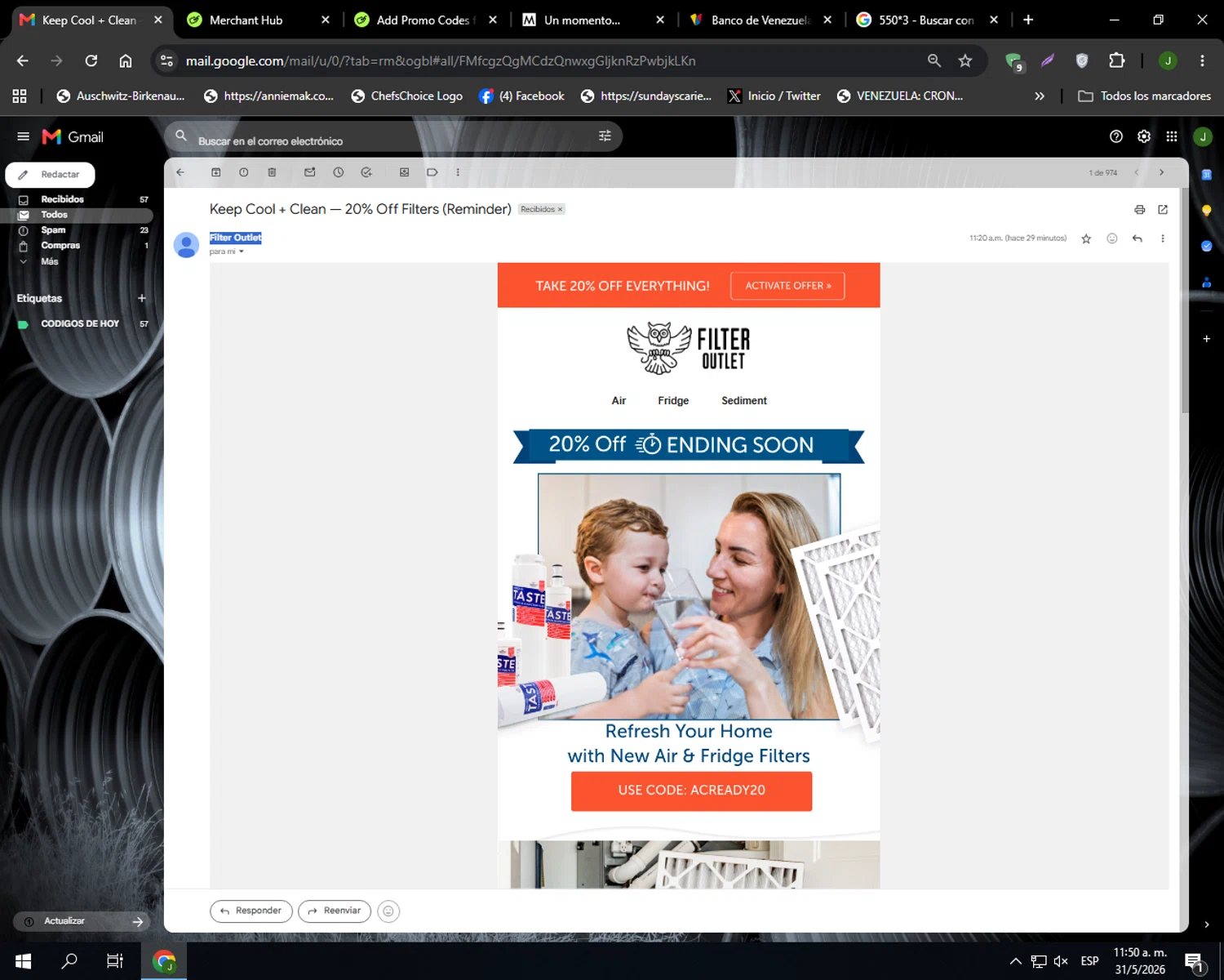 Filter Outlet promo code screenshot showing code ACREADY20 applied at Filter Outlet checkout page. Uploaded by SimplyCodes community member Codehunter on May 31, 2026
