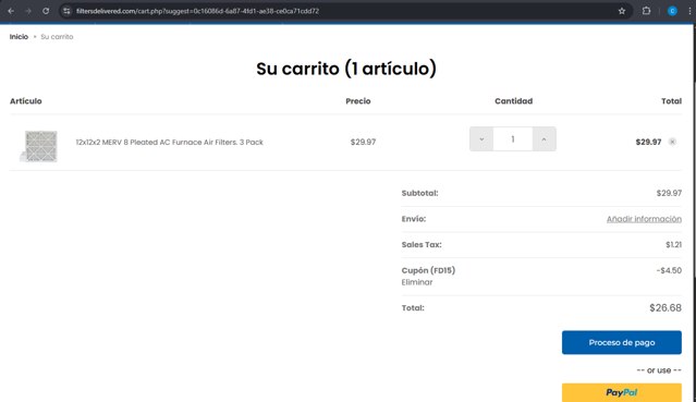 Filters Delivered checkout page showing Filters Delivered coupon code box | Screenshot taken by SimplyCodes community member on Aug 3, 2025