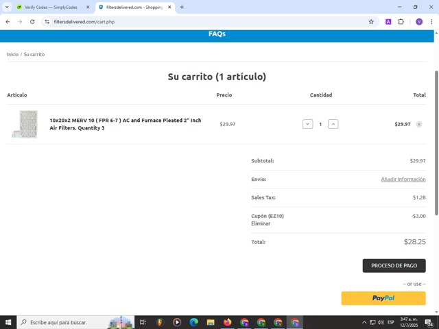 Filters Delivered checkout page showing Filters Delivered coupon code box | Screenshot taken by SimplyCodes community member on Jul 12, 2025