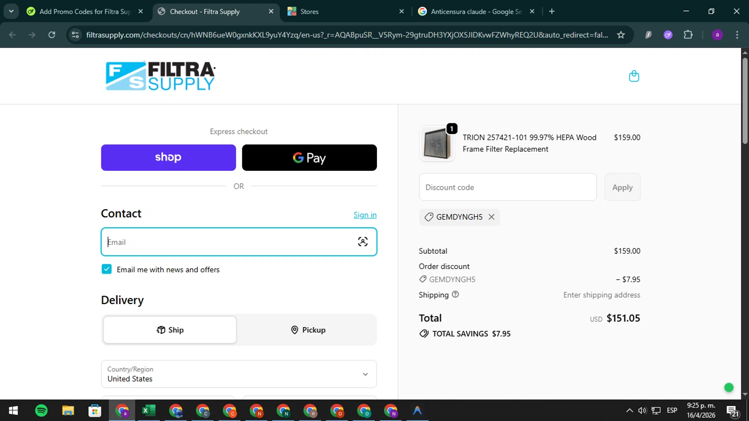 Filtra Supply promo code screenshot showing code GEMDYNGH5 applied at Filtra Supply checkout page. Uploaded by SimplyCodes community member CoinElite8997 on Apr 17, 2026