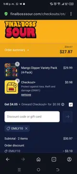 Emily10 coupon verification screenshot