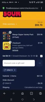 Gina10 coupon verification screenshot