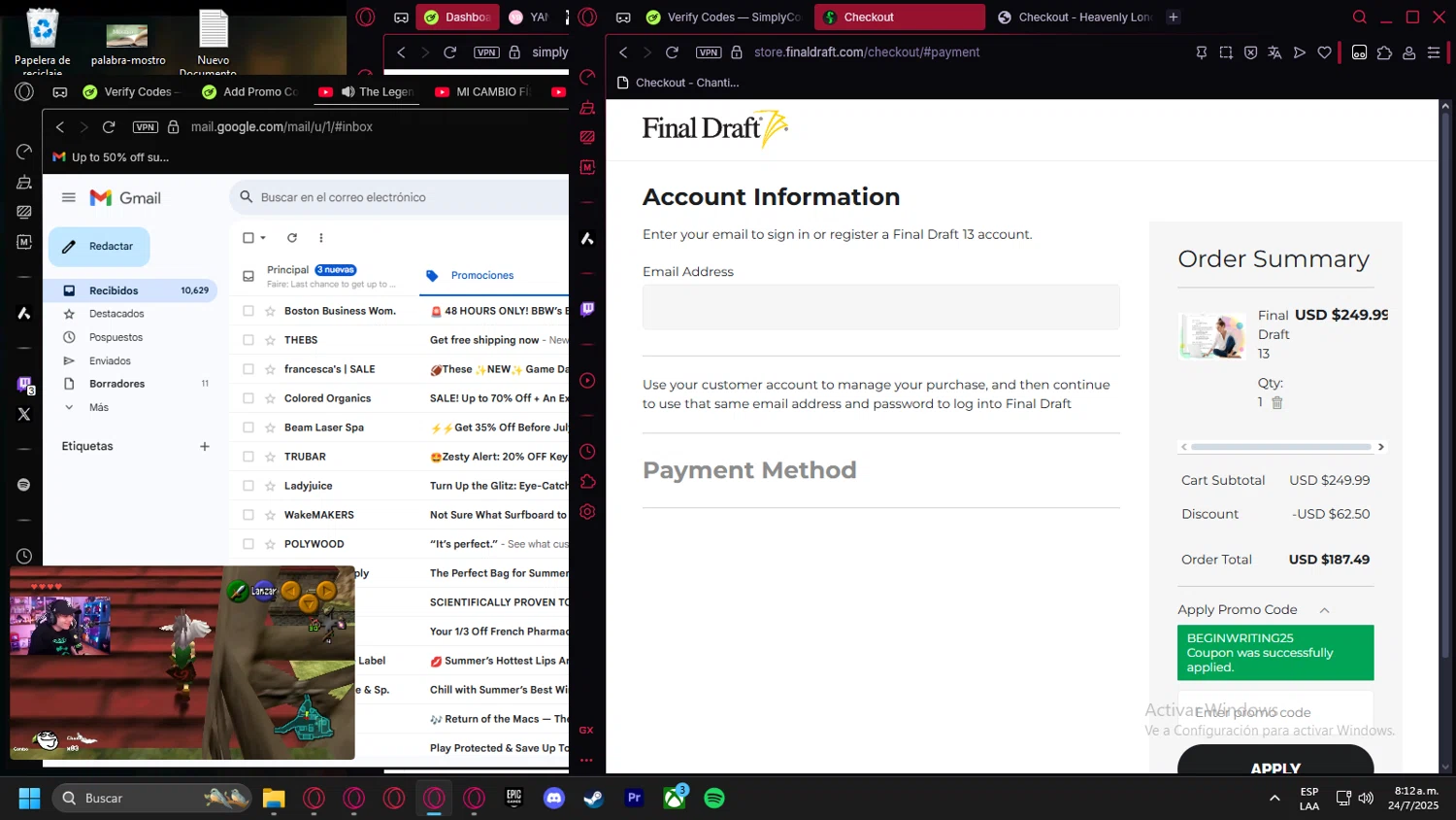 Final Draft promo code screenshot showing code BEGINWRITING25 applied at Final Draft checkout page. Uploaded by SimplyCodes community member Halanweik on Jul 24, 2025