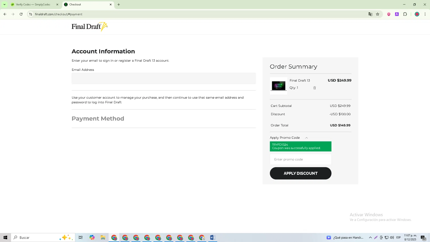 Final Draft promo code screenshot showing code TRYFD1324 applied at Final Draft checkout page. Uploaded by SimplyCodes community member Papotico on Dec 8, 2025