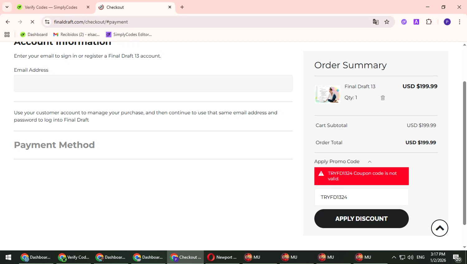 Final Draft promo code screenshot showing code TRYFD1324 applied at Final Draft checkout page. Uploaded by SimplyCodes community member TrevorPhilips on Jan 2, 2026