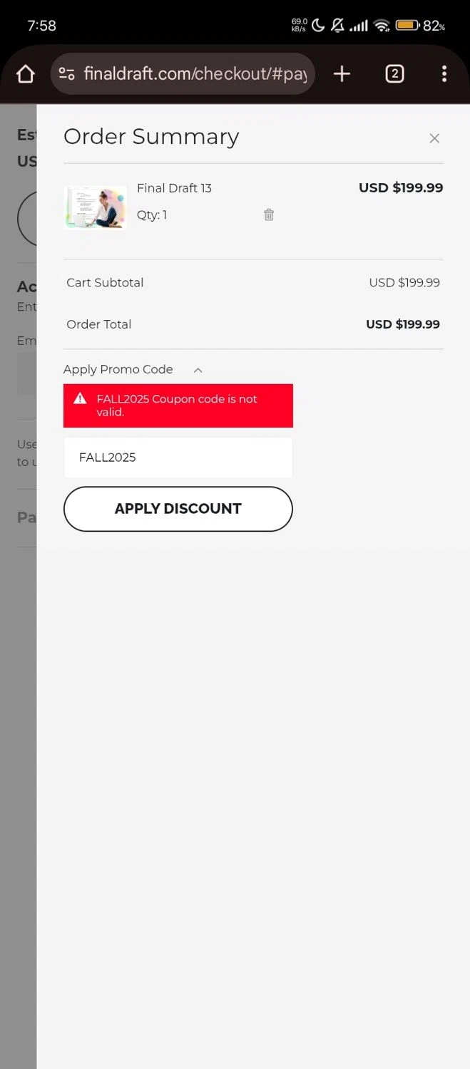 Final Draft promo code screenshot showing code FALL2025 applied at Final Draft checkout page. Uploaded by SimplyCodes community member Jutdcv on Oct 5, 2025