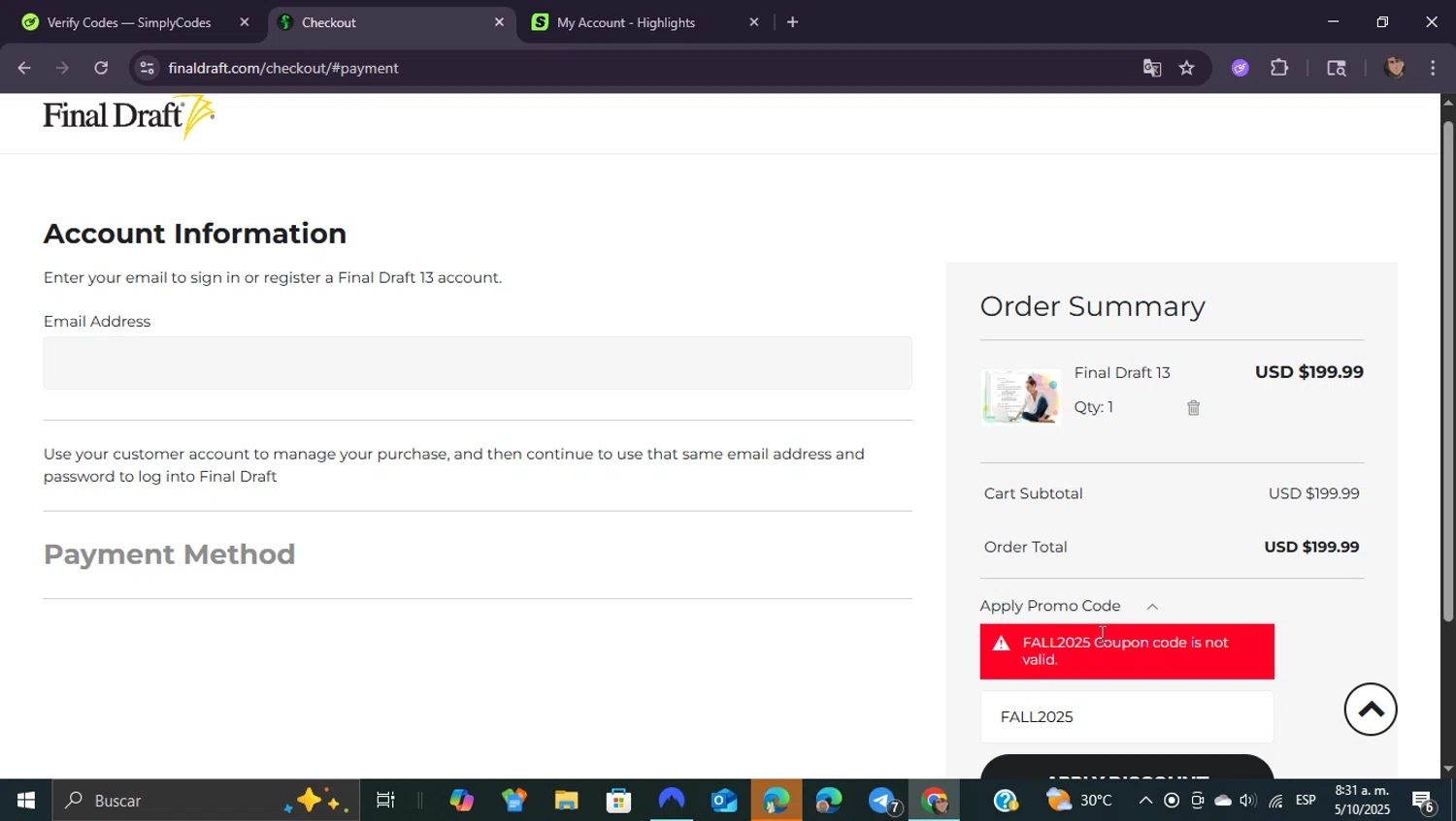 Final Draft promo code screenshot showing code FALL2025 applied at Final Draft checkout page. Uploaded by SimplyCodes community member ShieldEagle9436 on Oct 5, 2025