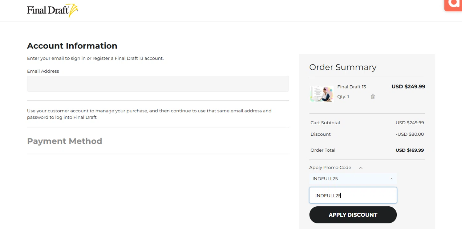 Final Draft promo code screenshot showing code INDFULL25 applied at Final Draft checkout page. Uploaded by SimplyCodes community member ESTHER3121 on Oct 12, 2025