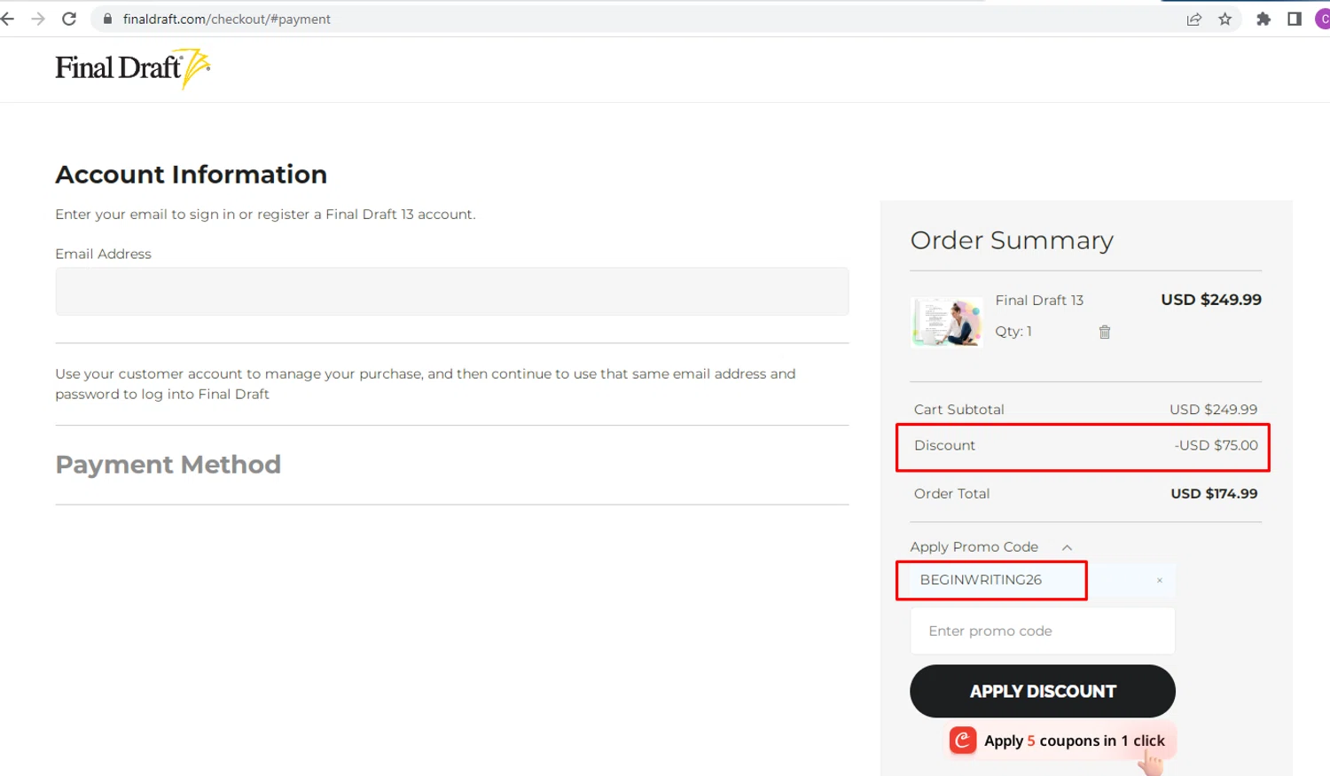 Final Draft promo code screenshot showing code BEGINWRITING26 applied at Final Draft checkout page. Uploaded by SimplyCodes community member nileskamarcano on Feb 8, 2026