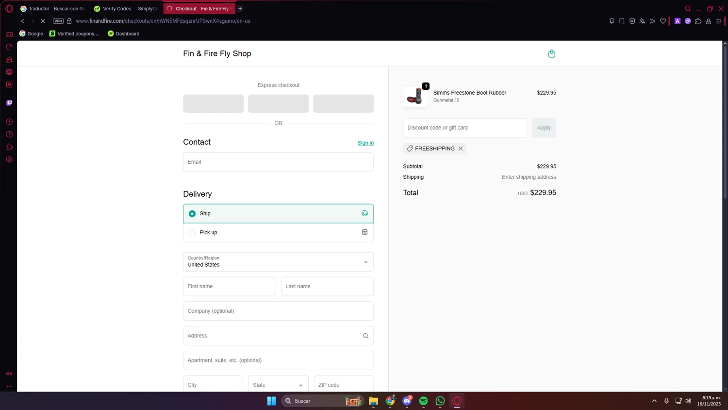 Fin & Fire promo code screenshot showing code FREESHIPPING applied at Fin & Fire checkout page. Uploaded by SimplyCodes community member LuckyVoyager5522 on Nov 16, 2025