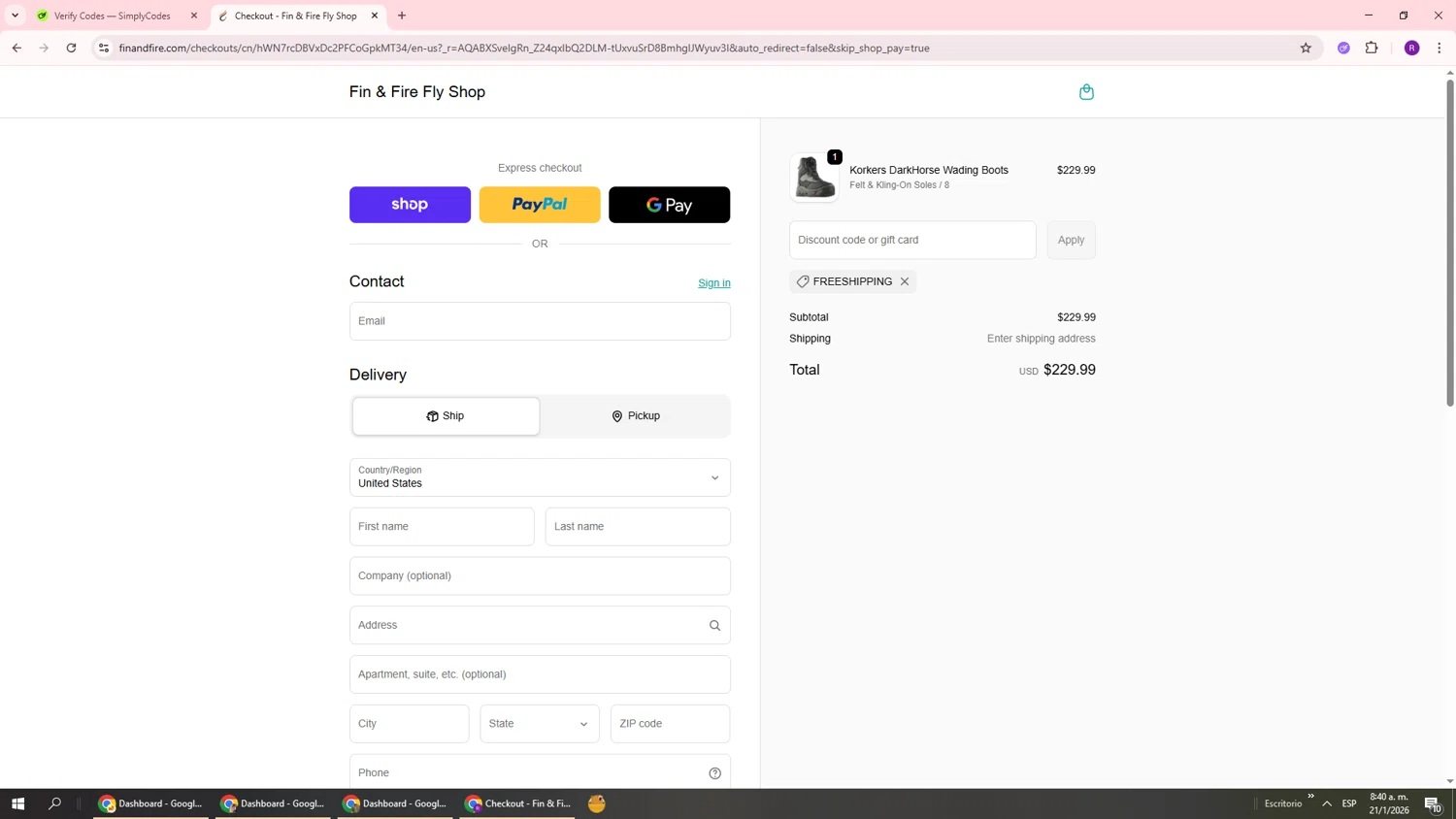 Fin & Fire checkout page showing Fin & Fire promo code box | Screenshot taken by SimplyCodes community member on Jan 21, 2026