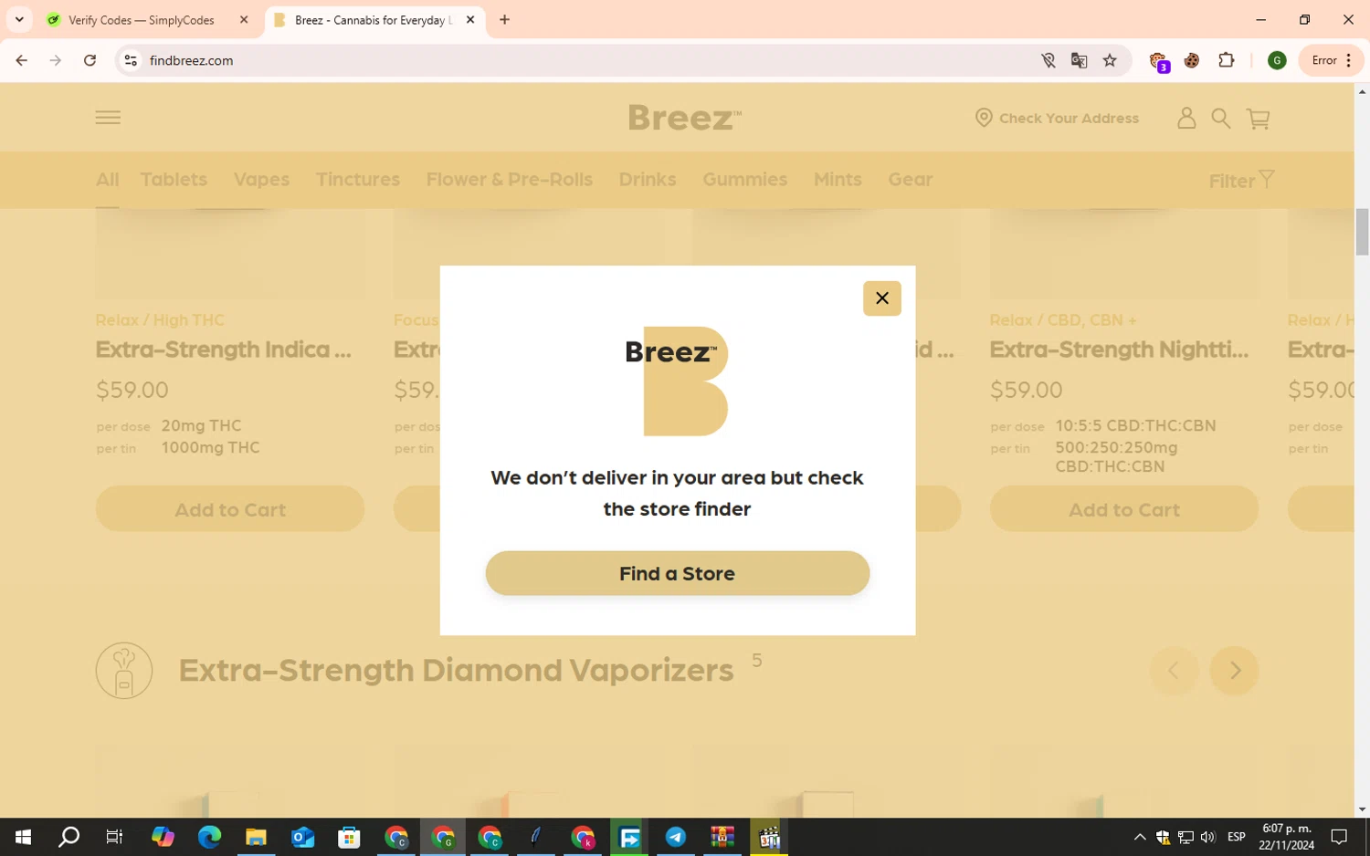 Find Breez checkout page showing Find Breez promo code box | Screenshot taken by SimplyCodes community member on Nov 22, 2024
