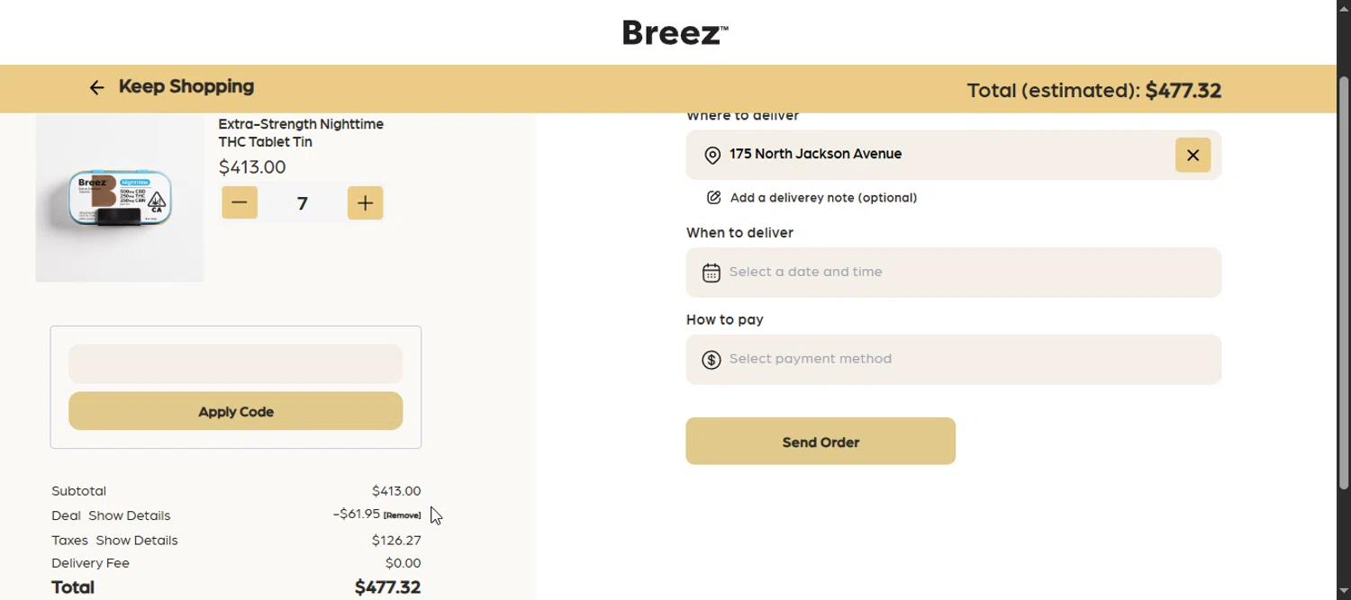 Find Breez checkout page showing Find Breez promo code box | Screenshot taken by SimplyCodes community member on Jun 15, 2025