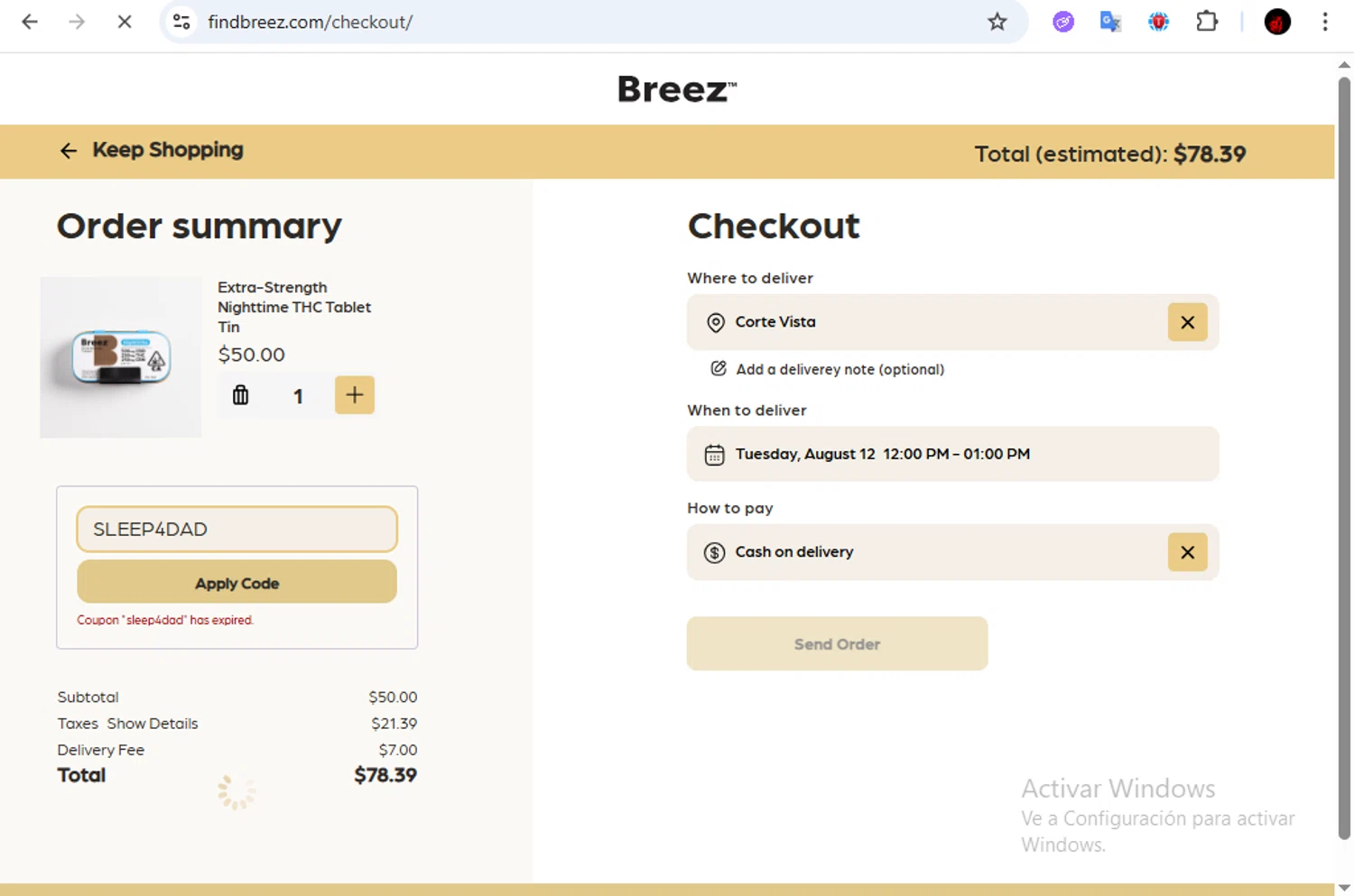 Find Breez promo code screenshot showing code SLEEP4DAD applied at Find Breez checkout page. Uploaded by SimplyCodes community member Francisco01 on Aug 12, 2025