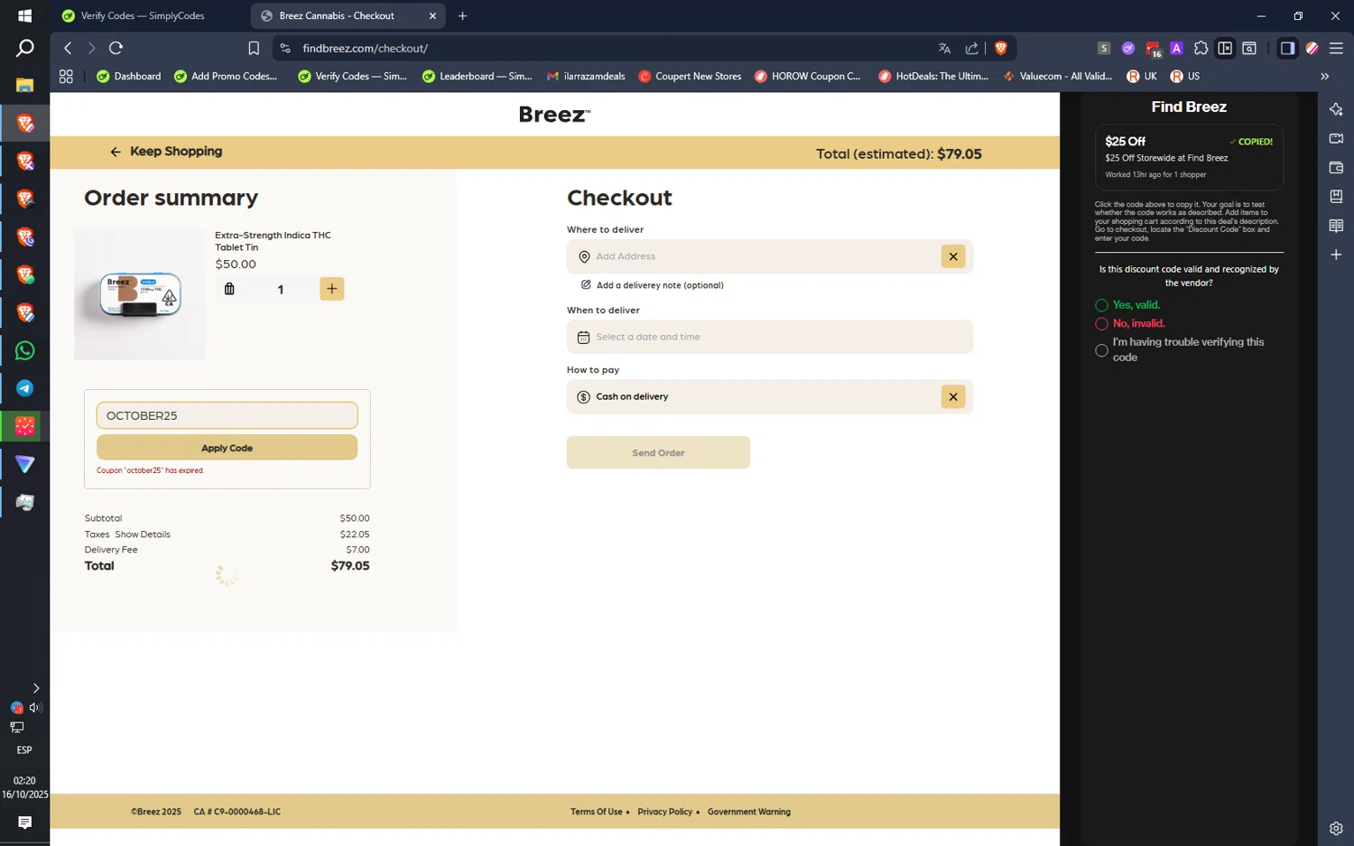 Find Breez promo code screenshot showing code OCTOBER25 applied at Find Breez checkout page. Uploaded by SimplyCodes community member IronMind4607 on Oct 16, 2025