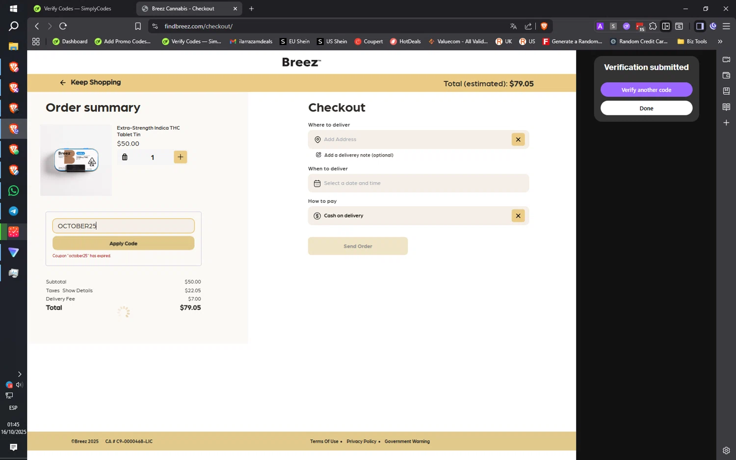 Find Breez promo code screenshot showing code OCTOBER25 applied at Find Breez checkout page. Uploaded by SimplyCodes community member QuantumRider5931 on Oct 16, 2025