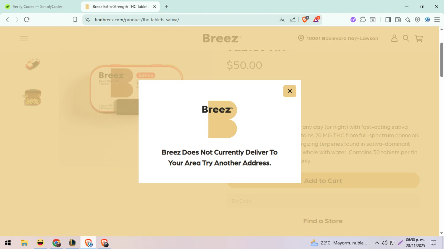 Find Breez promo code screenshot showing code FRIENDSFAM applied at Find Breez checkout page. Uploaded by SimplyCodes community member ExtraordinarySeeker8039 on Nov 28, 2025