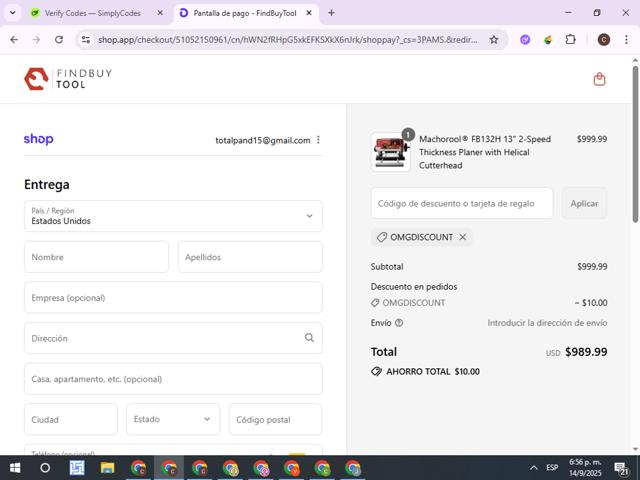 FindBuyTool checkout page showing FindBuyTool coupon code box | Screenshot taken by SimplyCodes community member on Sep 14, 2025