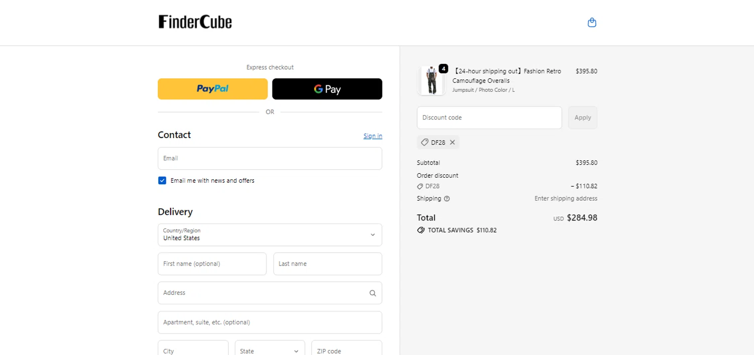 Findercube discount code screenshot showing code DF28 applied at Findercube checkout page. Uploaded by SimplyCodes community member ValiantMaverick169 on Nov 20, 2025