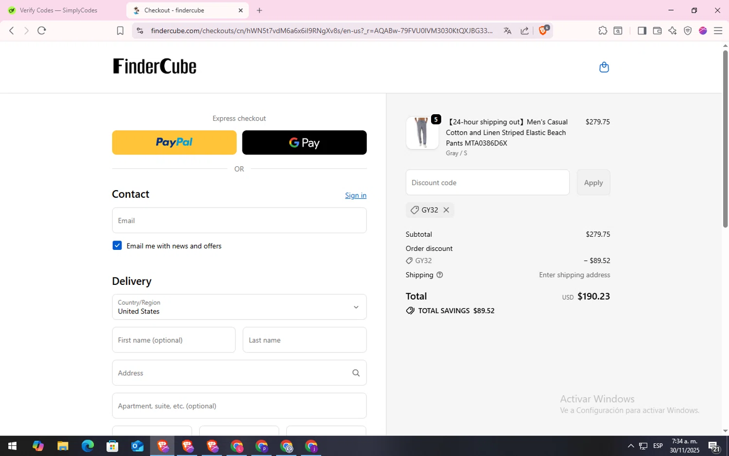 Findercube discount code screenshot showing code gy32 applied at Findercube checkout page. Uploaded by SimplyCodes community member CodeLynx5272 on Nov 30, 2025