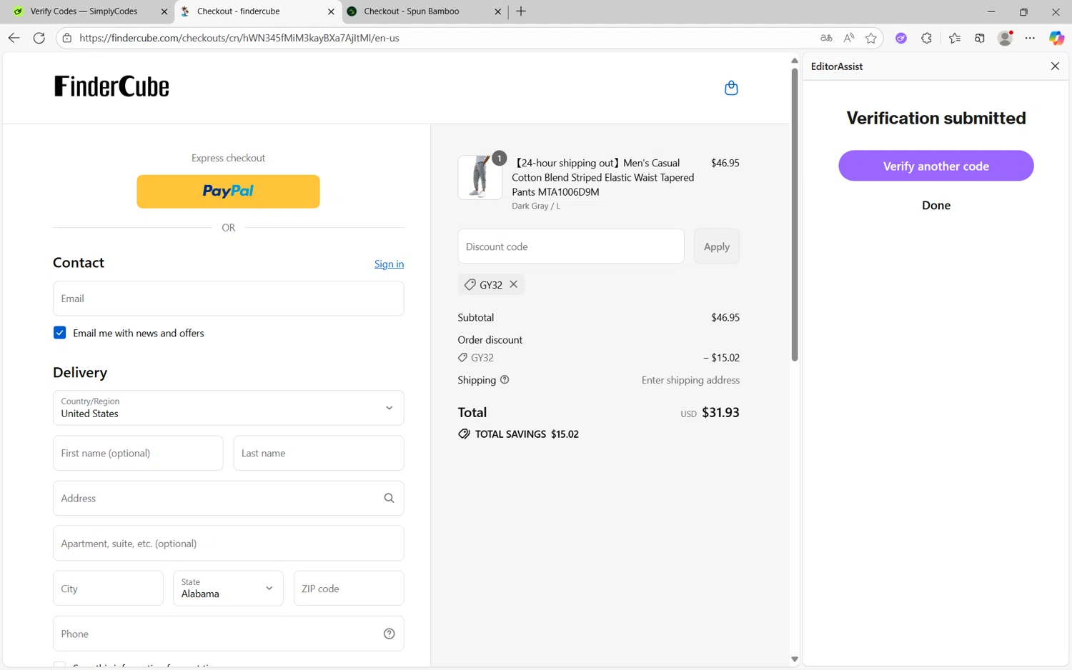 Findercube discount code screenshot showing code gy32 applied at Findercube checkout page. Uploaded by SimplyCodes community member Yuyu12 on Sep 17, 2025