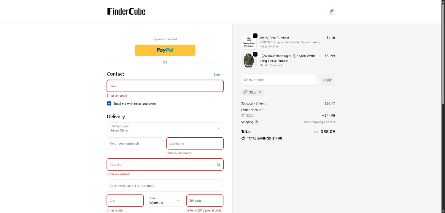 Findercube discount code screenshot showing code NXJC applied at Findercube checkout page. Uploaded by SimplyCodes community member ExtraordinaryMaven3628 on Dec 24, 2025