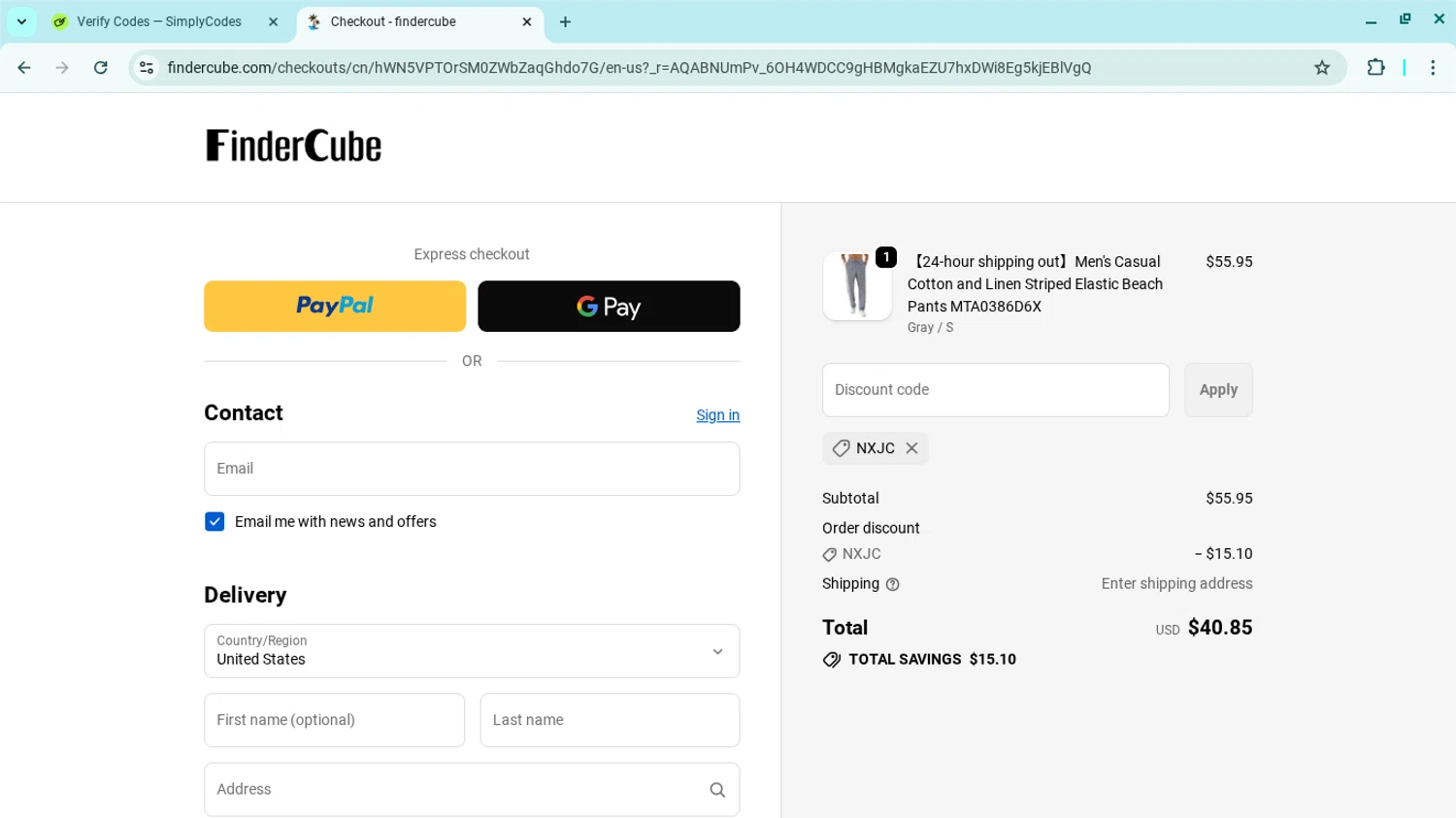 Findercube discount code screenshot showing code NXJC applied at Findercube checkout page. Uploaded by SimplyCodes community member SwiftSage2309 on Nov 20, 2025