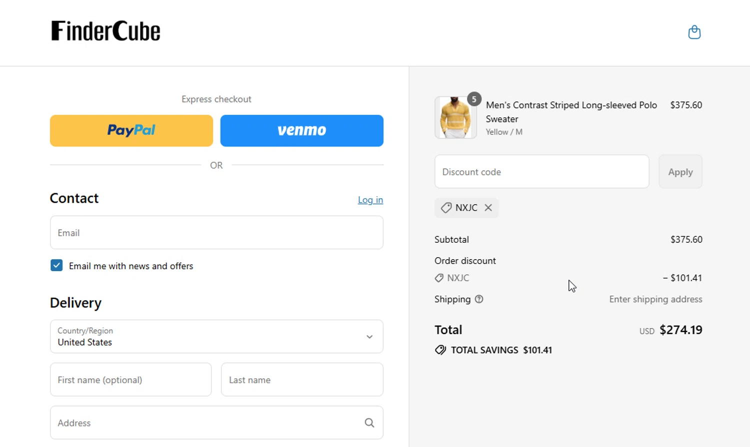 Findercube discount code screenshot showing code NXJC applied at Findercube checkout page. Uploaded by SimplyCodes community member VictoriousElite9587 on Aug 9, 2025
