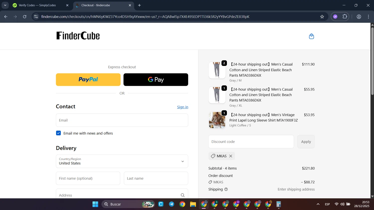 Findercube discount code screenshot showing code Mkas applied at Findercube checkout page. Uploaded by SimplyCodes community member CleverFalcon6244 on Dec 29, 2025