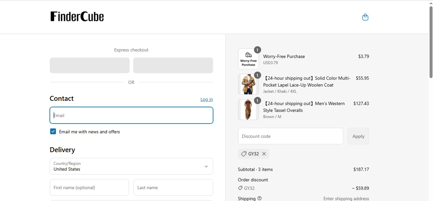 Findercube discount code screenshot showing code gy32 applied at Findercube checkout page. Uploaded by SimplyCodes community member shark12 on Jul 30, 2025