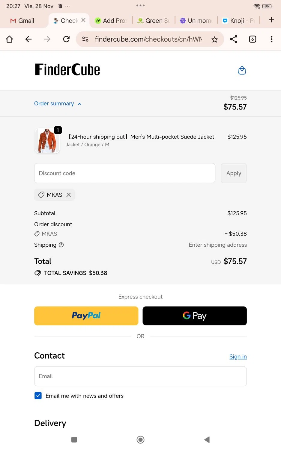Findercube discount code screenshot showing code Mkas applied at Findercube checkout page. Uploaded by SimplyCodes community member shark12 on Nov 29, 2025
