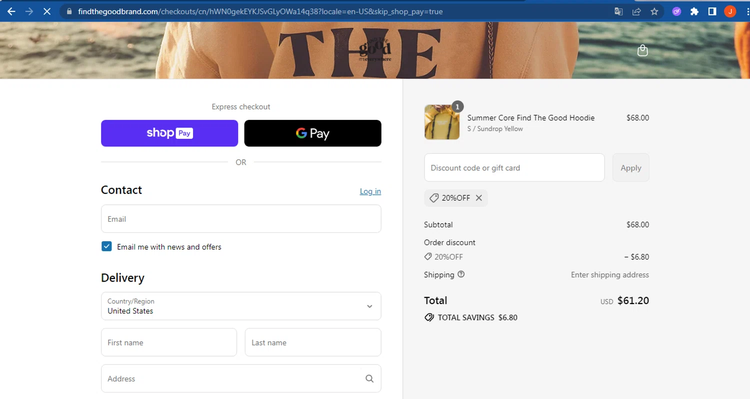 Find The Good discount code screenshot showing code 20%OFF applied at Find The Good checkout page. Uploaded by SimplyCodes community member FranquizJoel on Jul 16, 2025