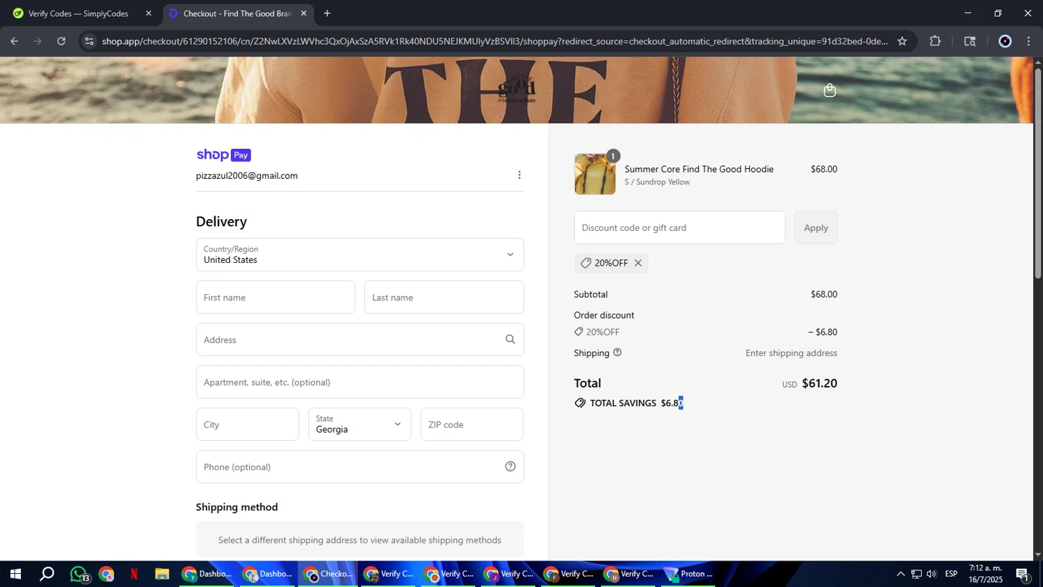 Find The Good discount code screenshot showing code 20%OFF applied at Find The Good checkout page. Uploaded by SimplyCodes community member RoyalBoss4384 on Jul 16, 2025
