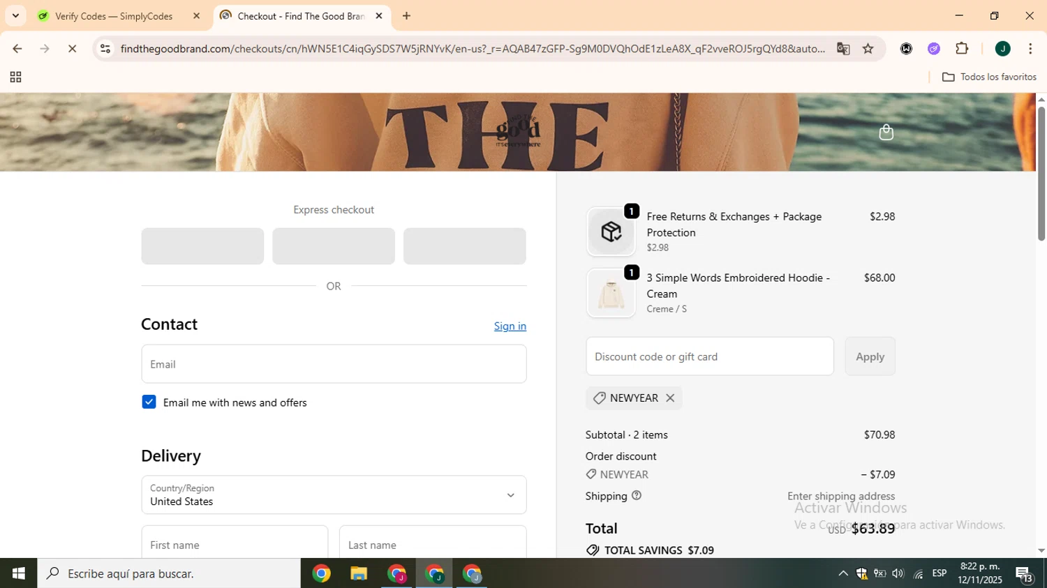 Find The Good discount code screenshot showing code newyear applied at Find The Good checkout page. Uploaded by SimplyCodes community member CrownOwl1879 on Nov 13, 2025