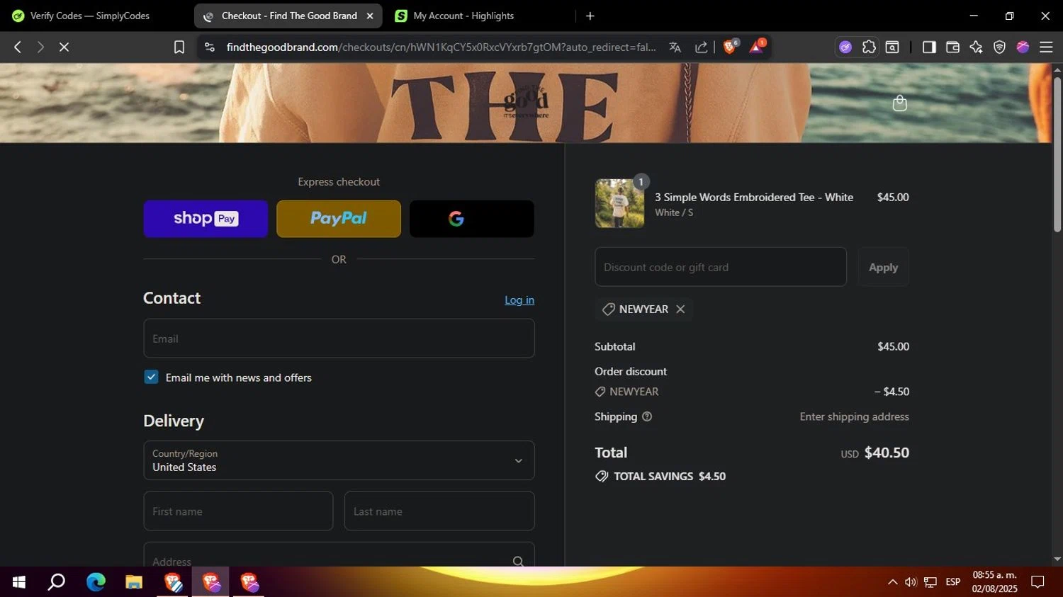 Find The Good discount code screenshot showing code newyear applied at Find The Good checkout page. Uploaded by SimplyCodes community member Yoseff_3 on Aug 2, 2025