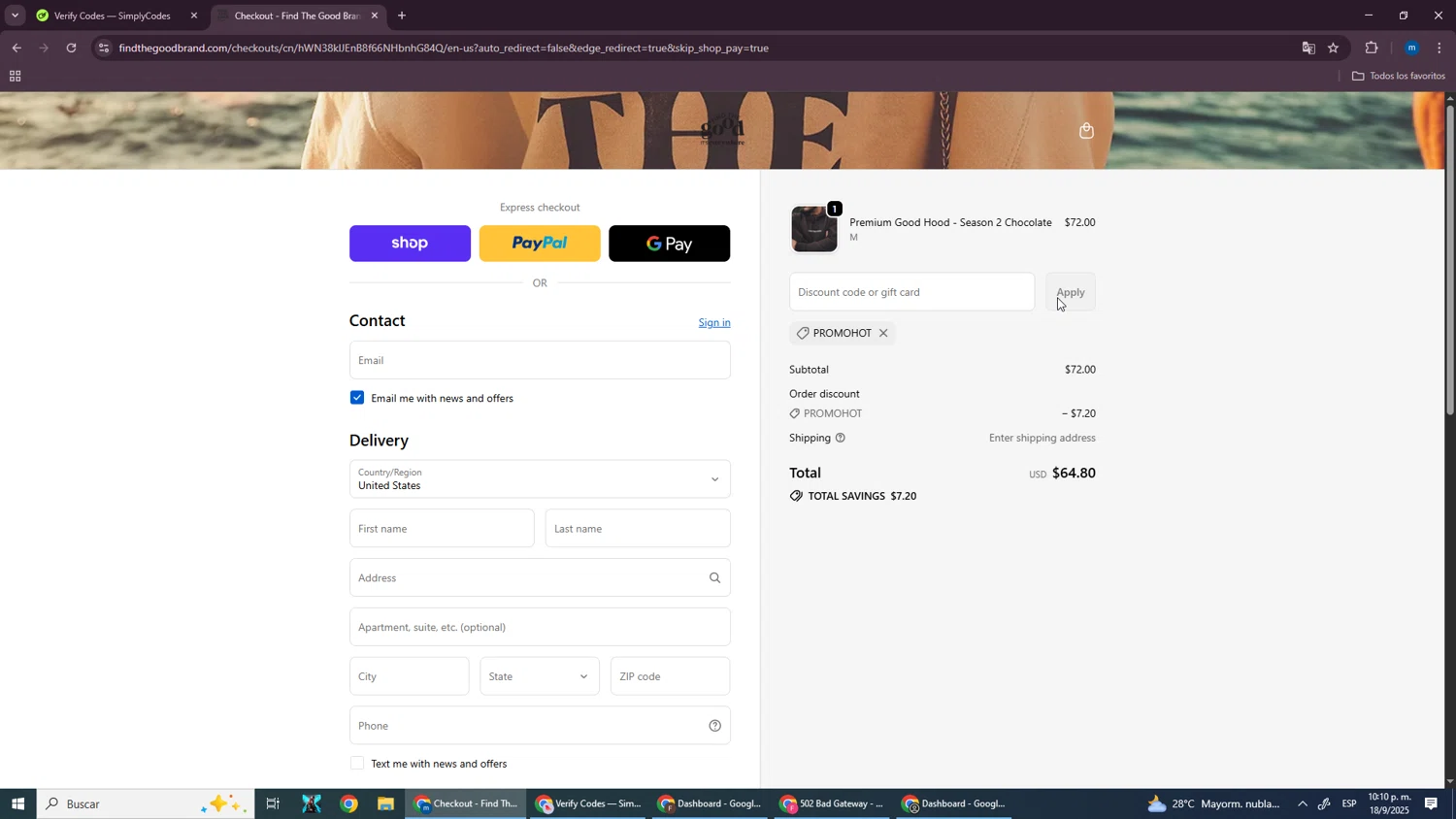 Find The Good discount code screenshot showing code PROMOHOT applied at Find The Good checkout page. Uploaded by SimplyCodes community member SmartWizard8062 on Sep 19, 2025
