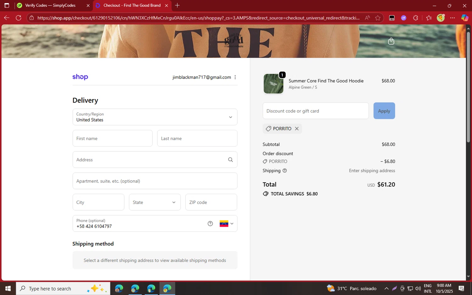 Find The Good discount code screenshot showing code PORRITO applied at Find The Good checkout page. Uploaded by SimplyCodes community member jvllsk2 on Oct 5, 2025
