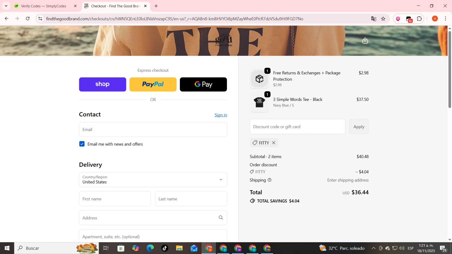 Find The Good discount code screenshot showing code FITTY applied at Find The Good checkout page. Uploaded by SimplyCodes community member FrugalSentinel6206 on Nov 18, 2025
