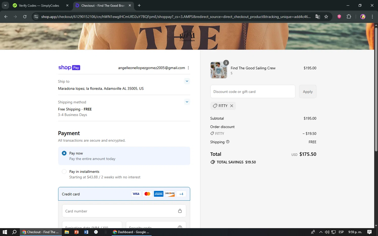 Find The Good discount code screenshot showing code FITTY applied at Find The Good checkout page. Uploaded by SimplyCodes community member TreasureShopper9156 on Aug 11, 2025