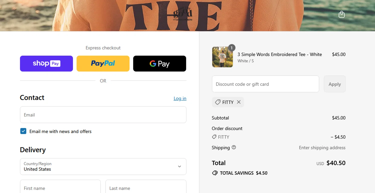 Find The Good discount code screenshot showing code FITTY applied at Find The Good checkout page. Uploaded by SimplyCodes community member goldhooh on Aug 2, 2025