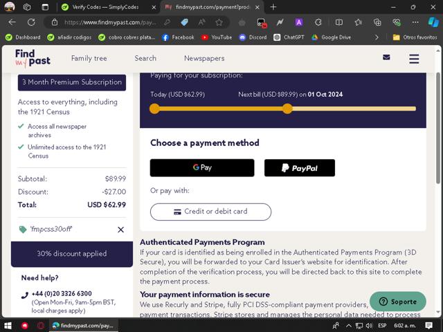 Findmypast checkout page showing Findmypast promo code box | Screenshot taken by SimplyCodes community member on Jul 1, 2024