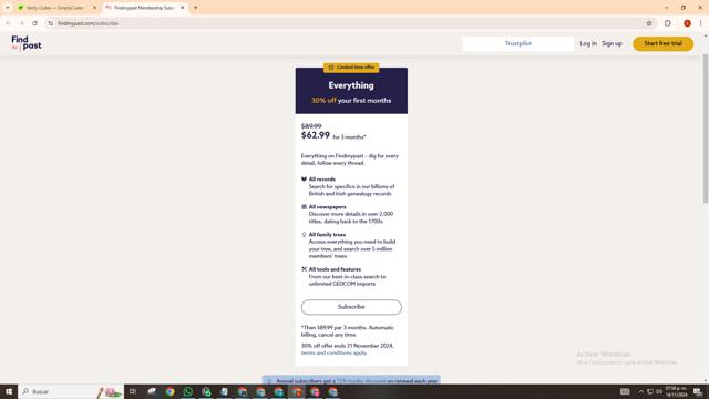 Findmypast checkout page showing Findmypast promo code box | Screenshot taken by SimplyCodes community member on Nov 14, 2024