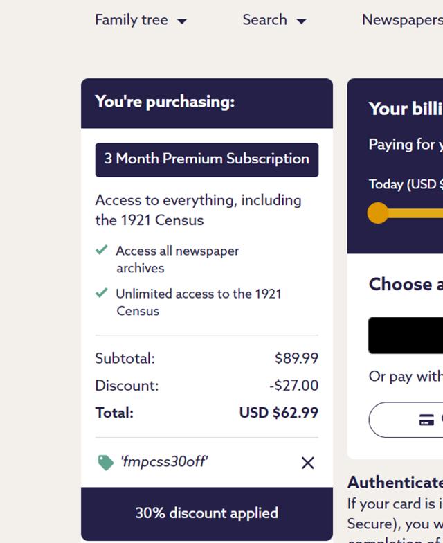Findmypast checkout page showing Findmypast promo code box | Screenshot taken by SimplyCodes community member on Jul 30, 2024
